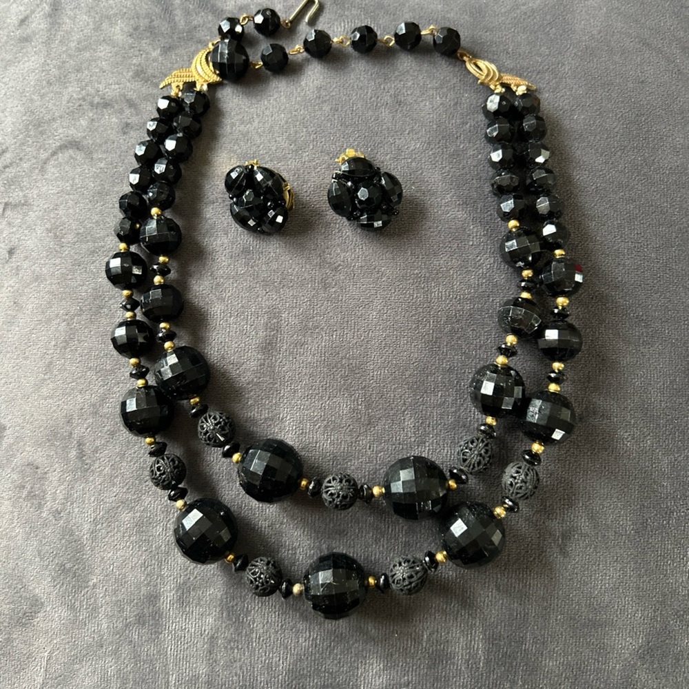 Vintage Black Beaded Necklace and Earring Set